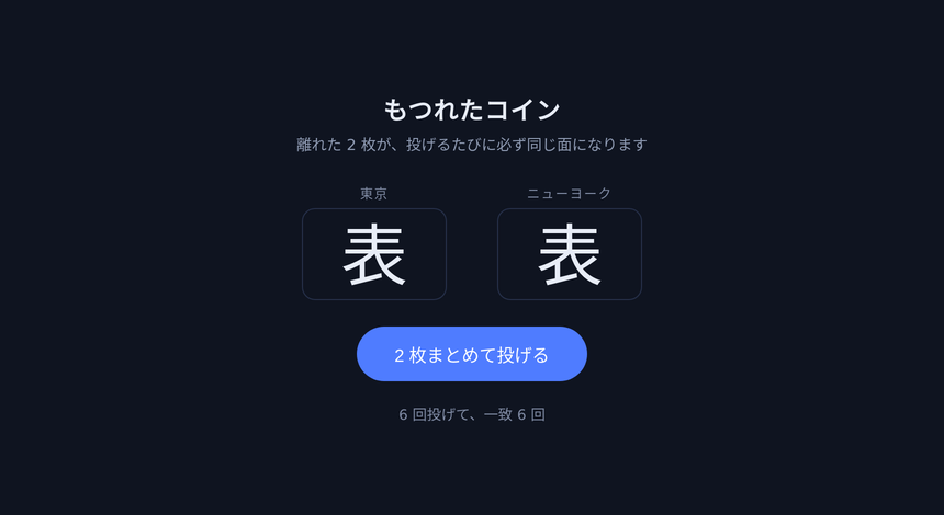 第2回で作ったアプリ。6回投げて、6回とも2枚が同じ面になりました